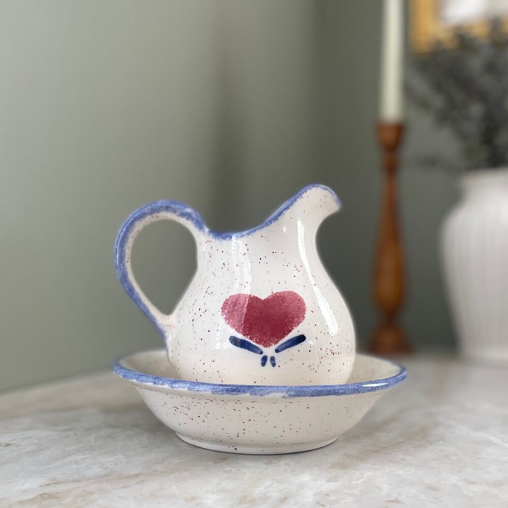 Vintage Heart Spongeware Bowl and Pitcher Set - Country Farmhouse